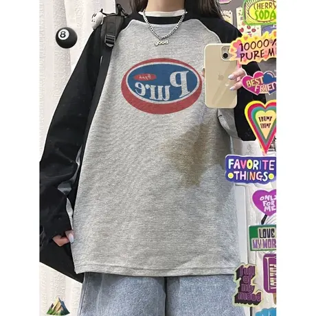 潮牌大码oversize秋冬拼接长袖t恤女ins慵懒风显瘦插肩袖内搭上衣商品大图