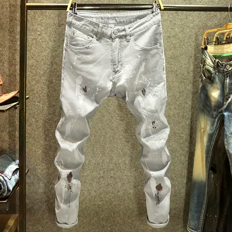 浅灰色潮牌泼墨牛仔裤男款修身小脚裤夏季手工针缝潮流破洞长裤子商品大图
