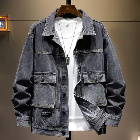秋冬款破洞牛仔外套男修身韩版潮流夹克大码青年加大乞复古牛仔褂商品大图