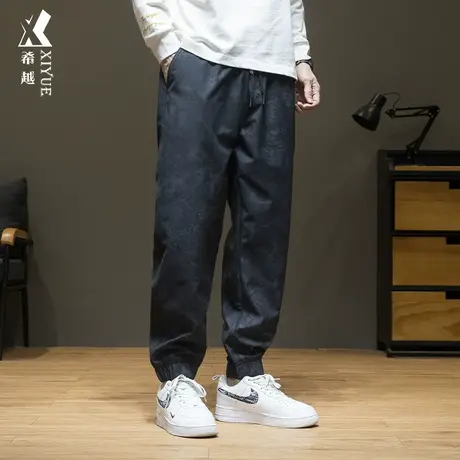 希越设计感雕花男士休闲裤2023秋冬宽松大码黑色拼接束脚工装裤子商品大图