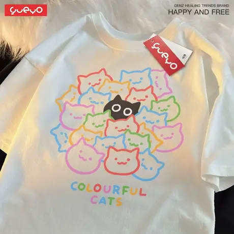 悦游 多彩猫头 潮流夏季宽松短袖夏季t恤男黑猫可爱卡通趣味原创商品大图