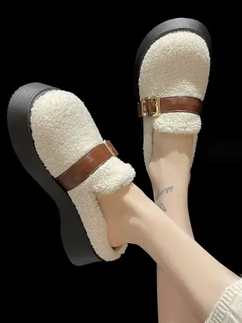 厚底毛毛拖鞋女外穿2023秋冬新款时尚百搭皮带扣羊羔毛包头棉拖鞋商品大图