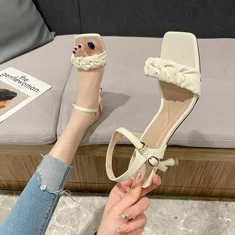 一字带时装凉鞋女2024年夏季新款性感百搭细跟方头后空露趾高跟鞋商品大图