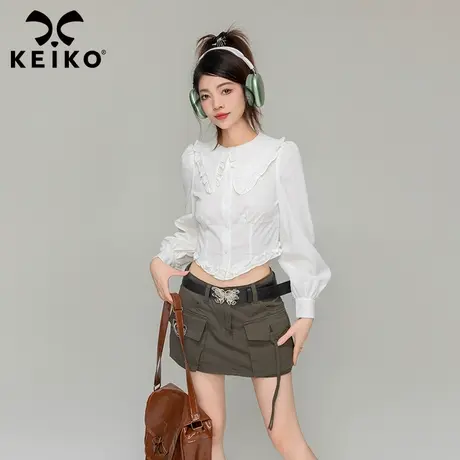 KEIKO 白色泡泡袖衬衫女秋季纯欲风韩系宽松小众气质短款长袖上衣图片