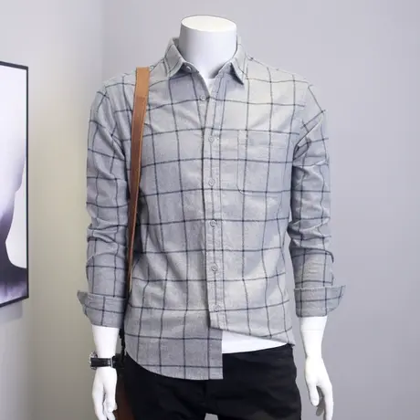 格慕施男士长袖衬衫秋季纯棉宽松帅气休闲寸衫青年法兰绒男装衬衣商品大图