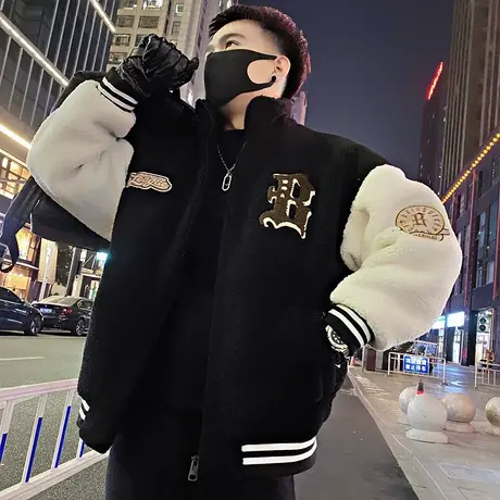 摇粒绒棉服男冬季新款时尚立领拼接字母刺绣设计感羊羔毛学生外套商品大图