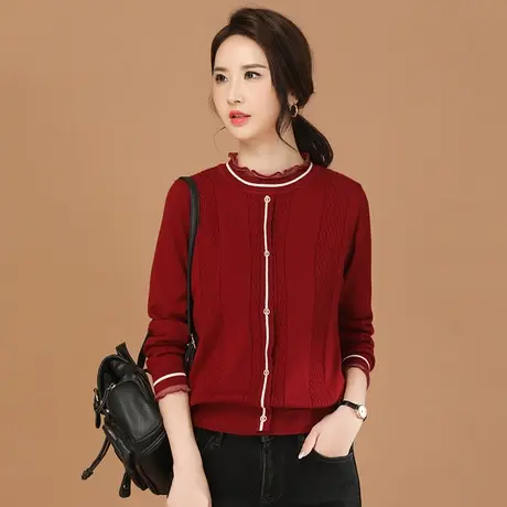 新品85折】假两件蕾丝领长袖毛衣女套头针织衫图片