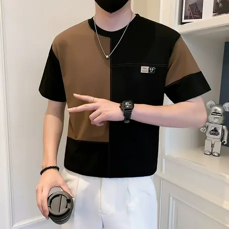 夏季男时尚拼接撞色上新2023圆领潮流高级感个性潮牌夏天短袖t恤商品大图
