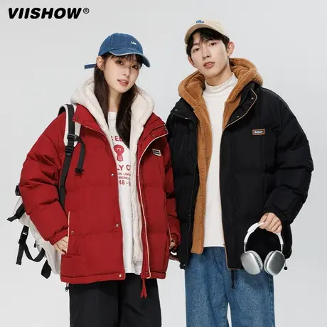 VIISHOW假两件棉服男冬美式复古棉衣外套加厚宽松羊羔绒连帽棉袄商品大图