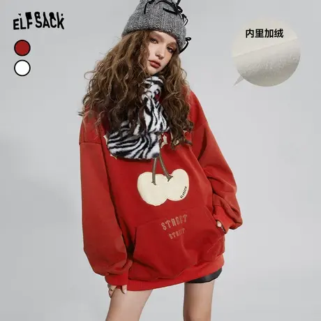 妖精的口袋红色连帽加绒卫衣女2023年冬季新款印花长袖宽松上衣图片