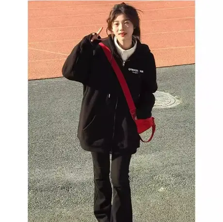 美式复古卫衣女2023新款秋冬季小个子慵懒风连帽加绒加厚开衫外套图片