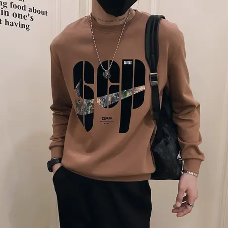 秋冬季时尚休闲个性印花学生痞帅长袖T恤打底衫男士卫衣ins外套商品大图