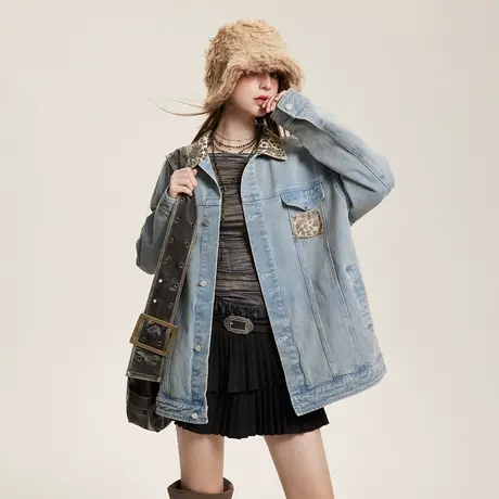 水洗做旧复古拼接牛仔外套女春秋2024新款宽松oversize设计感夹克商品大图