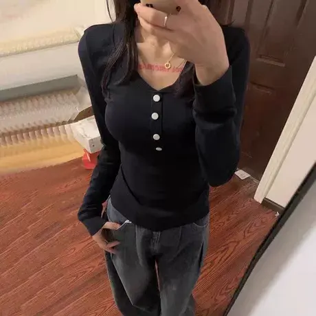 美式复古辣妹修身V领长袖t恤女2024春设计感小众别致独特打底上衣商品大图