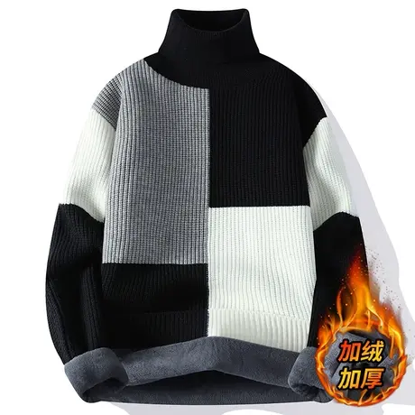 撞色高领毛衣男冬季加绒加厚2025新款针织打底衫宽松慵懒保暖内搭图片