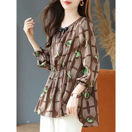 宝诗黎圆领钉珠印花收腰雪纺衫女早秋长袖宽休闲松薄上衣2023新款商品大图