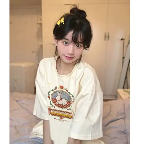 夏季纯棉短袖t恤女2023新款宽松小众设计感兔子半袖ins上衣小个子商品大图