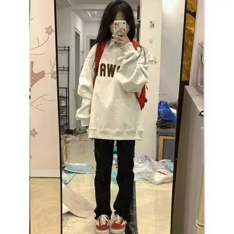 印花字母圆领卫衣女秋冬加绒加厚宽松韩系慵懒风休闲百搭上衣外套图片