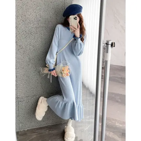唐狮新款蓝色气质感显瘦连衣裙女早春木耳边裙摆设计针织淑女裙yd商品大图