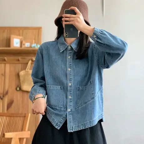 dza 复古纯棉牛仔衬衫外套女春2024新款宽松休闲衬衣百搭翻领上衣图片