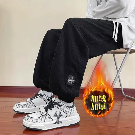 黑色加绒裤子男款秋冬季宽松阔腿裤潮牌潮流束脚休闲运动加厚长裤商品大图