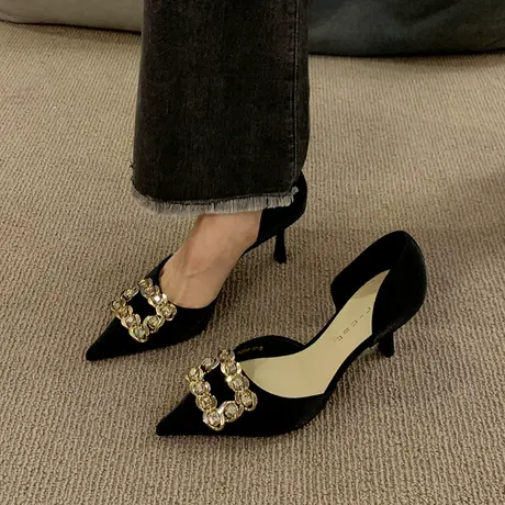 单鞋女法式2024新款春秋水钻气质百搭高跟凉鞋超火通勤职业小皮鞋商品大图