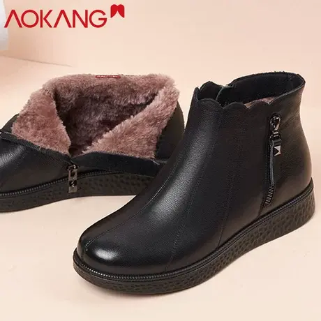奥康棉鞋女真皮软皮休闲中老年妈妈皮棉鞋加绒保暖牛皮女靴棉鞋商品大图