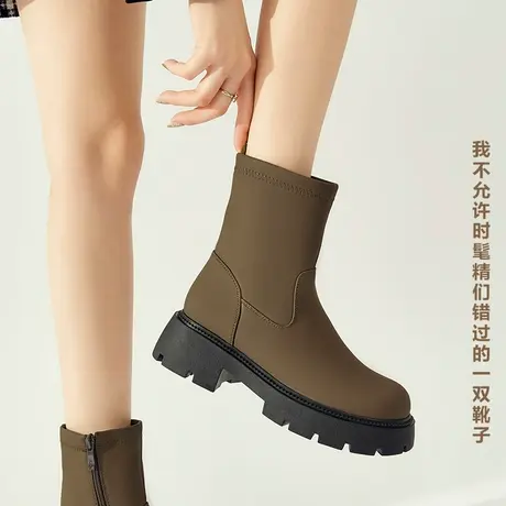 卓诗尼短靴2024冬天新款瘦瘦靴软皮加绒高级感秋冬女靴显腿细图片