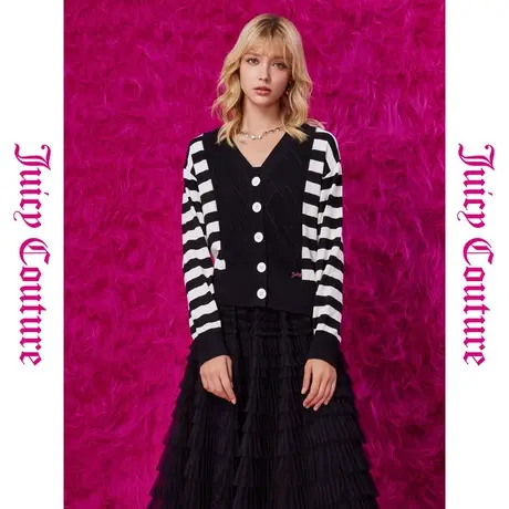 Juicy Couture橘滋秋季装女装年新款倒影扣撞色条纹毛织外套图片