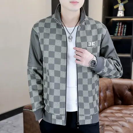 2023秋季新款休闲夹克男士青年立领潮牌格子拼色男装短款拼接外套商品大图