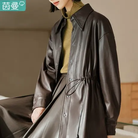 茵曼PU皮衬衫式外套女2024新款春秋冬季棉衣中长款薄款上衣时尚图片