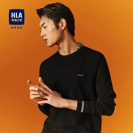 HLA/海澜之家长袖针织衫秋季简约保暖字母刺绣商务黑色修身毛衣男图片