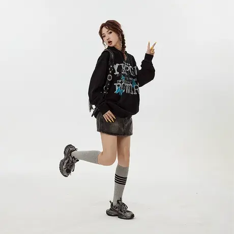 YEP字母印花卫衣女连帽2023年新款春秋款套头宽松复古ins潮牌上衣商品大图