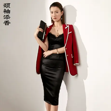 颈袖添香2023春秋新款职业小西装时尚气质女神范红色经理外套商品大图