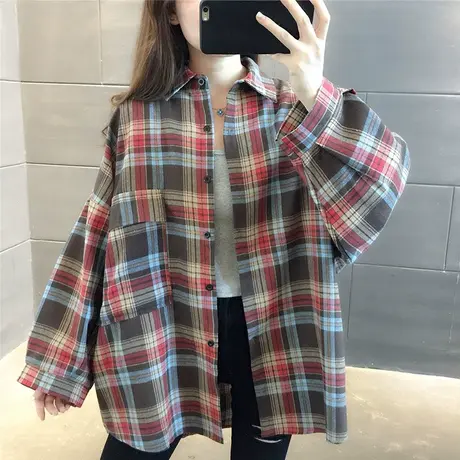 网红中长款格子衬衫女2023秋装新款韩版复古港味长袖宽松上衣外套商品大图
