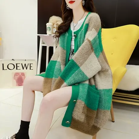 加厚毛衣开衫女中长款2023年新款秋冬宽松慵懒风网红仿水貂绒外套图片