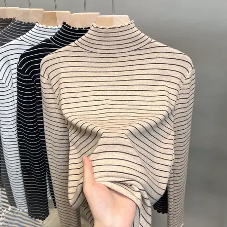 半高领毛衣女木耳边打底衫2023秋冬新款套头条纹针织衫内搭上衣潮商品大图