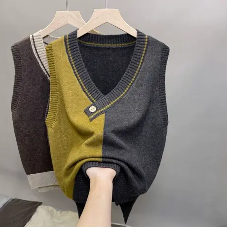 拼色针织背心马甲秋季女装V领无袖毛衣2023年新款时尚洋气坎肩潮商品大图