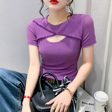 手工钉珠T恤女短袖2023夏装新款性感镂空小衫洋气网纱修身上衣潮商品大图