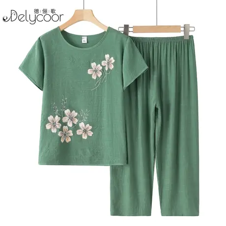 妈妈夏装棉绸套装中老年女装奶奶短袖宽松洋气老人夏天衣服两件套图片