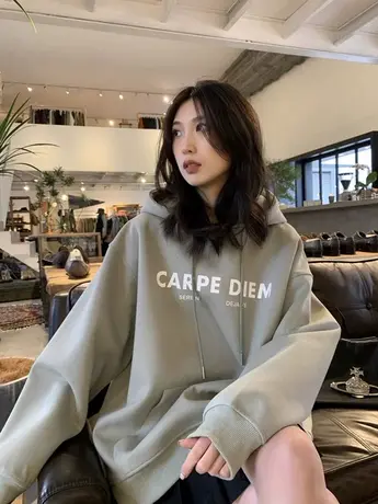 oversize绿色连帽卫衣女秋冬2023新款欧货加绒加厚设计感小众外套商品大图