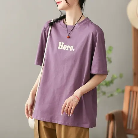 dza文艺字母纯棉T恤女2023夏季新款圆领短袖体恤休闲宽松打底上衣商品大图