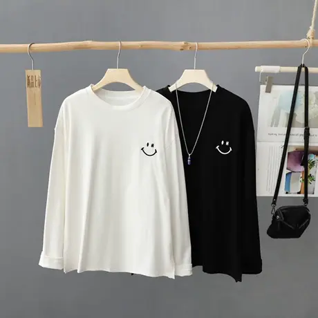 简约韩范笑脸刺绣t恤女长袖秋装2023年新款宽松圆领打底上衣体恤图片