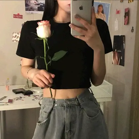 ins超火短款高腰短袖T恤女夏装韩版潮网红学生心机露脐修身上衣服商品大图