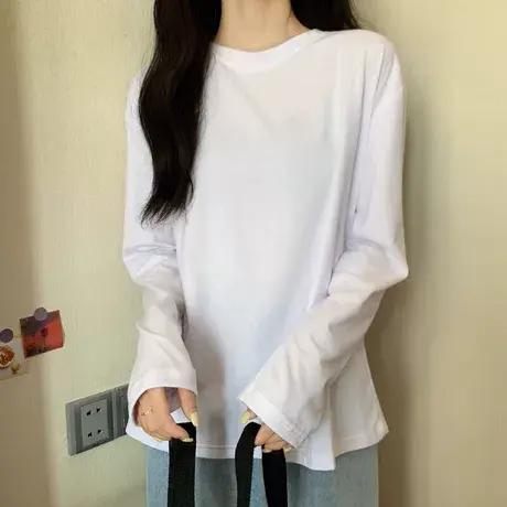 ins超火长袖T恤女春秋冬纯色内搭打底衫韩版潮学生外穿宽松上衣服商品大图