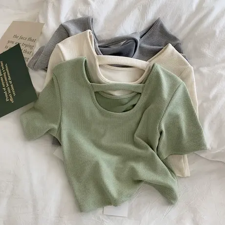 洋气减龄短袖T恤女夏季修身显瘦打底小衫内搭短款半袖上衣ins潮商品大图