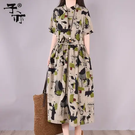 子亦夏装新款复古文艺气质印花短袖宽松大码系带连衣裙女图片