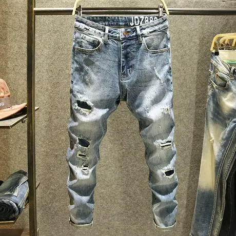 夏季破洞牛仔裤男潮牌修身小脚裤韩版潮流高街弹力水洗乞丐裤薄款商品大图