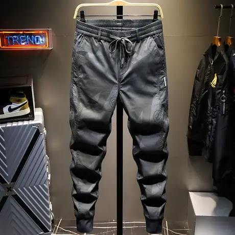 香港潮牌迷彩休闲男余文乐简约百搭宽松直筒工装裤抽绳印花束脚裤商品大图