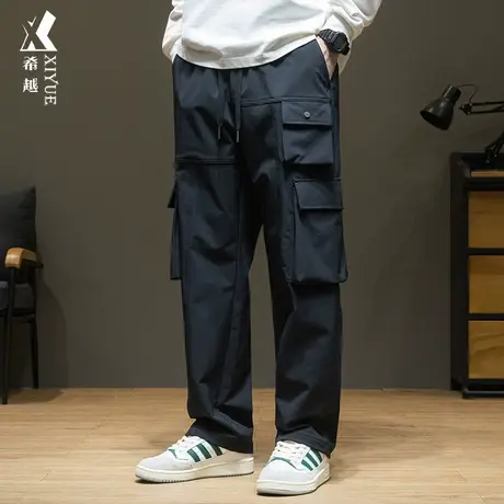 希越机能风多口袋工装休闲裤拼接速干直筒裤宽松大码胖子秋冬男裤商品大图